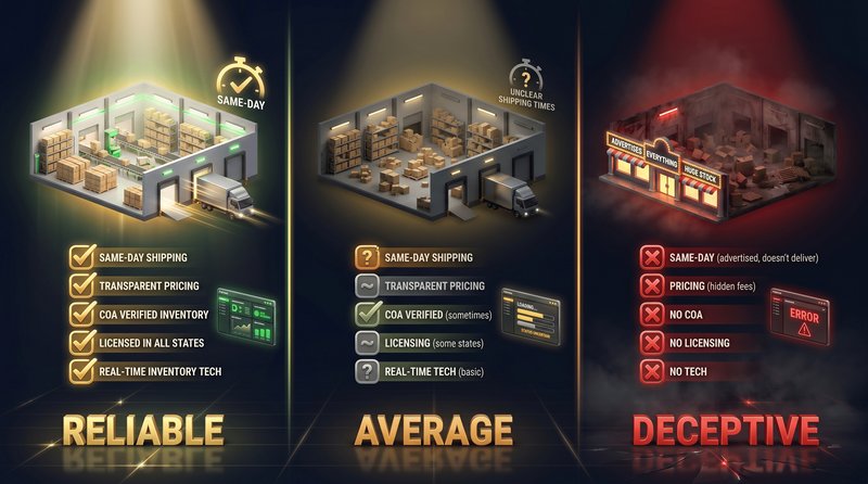 Reliable vs average vs deceptive vape wholesale distributors compared across same-day shipping, transparent pricing, COA verification, licensing, and inventory technology